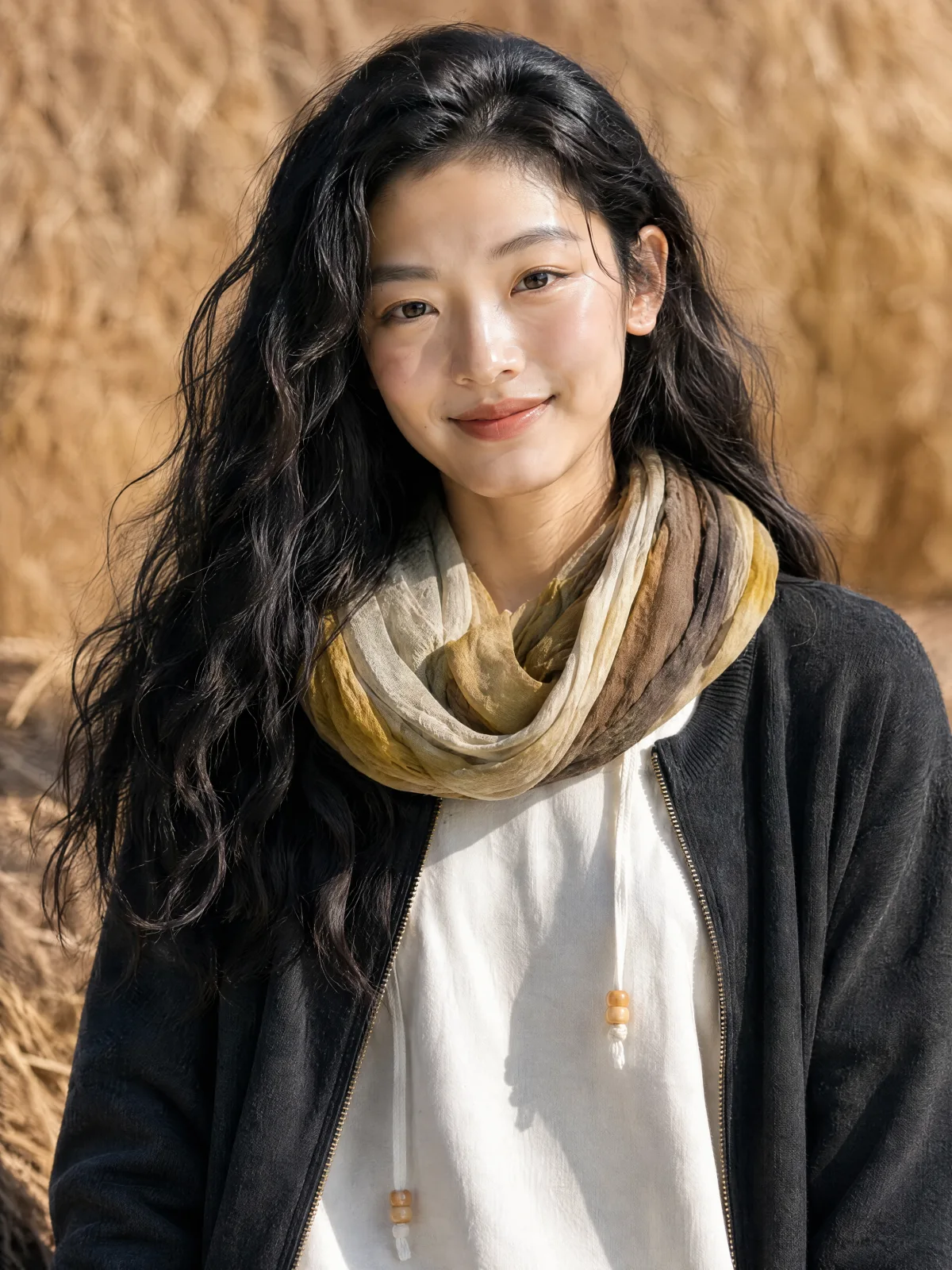 秋色围巾与温柔笑容的局部肖像