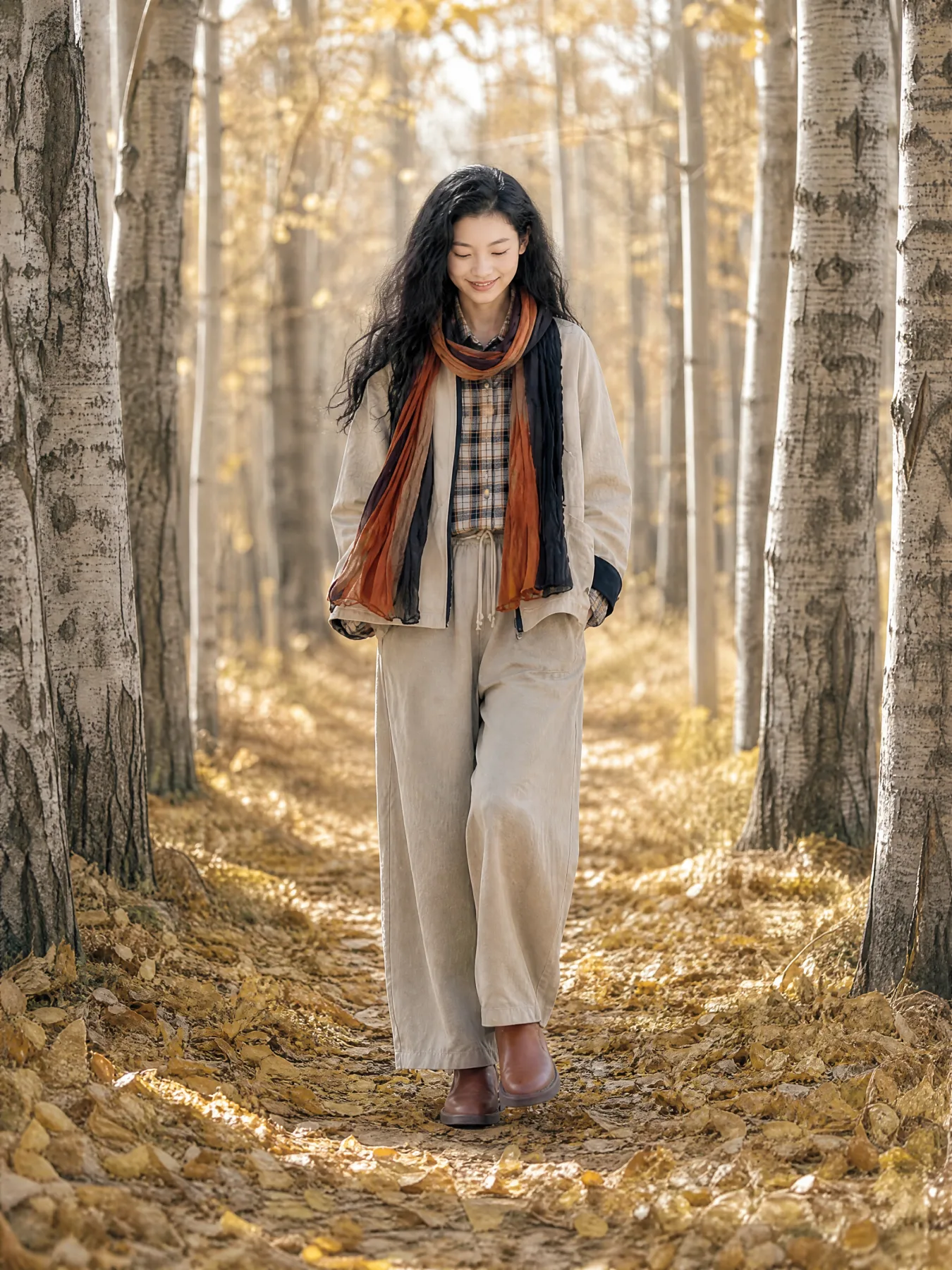 林间行走的橙蓝围巾造型
